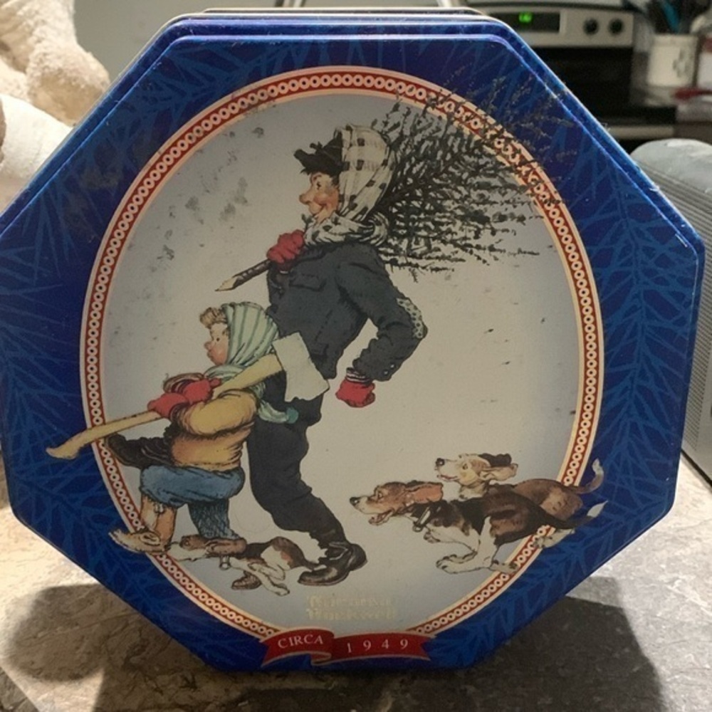 Really cute Norman Rockwell Circa 1949 blue decorative collectors tin.